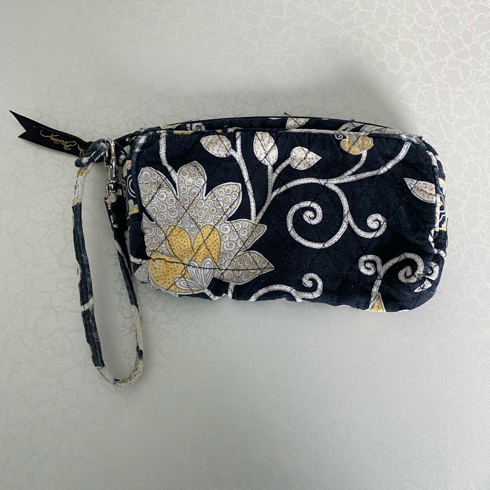 Vera Bradley Black Floral Quilted Wristlet with Yellow Accents